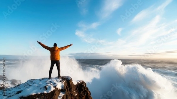 Fototapeta Standing confidently on a rocky coastline, a man in a bright jacket embraces the wildness of waves crashing dramatically around him in a mesmerizing scene.