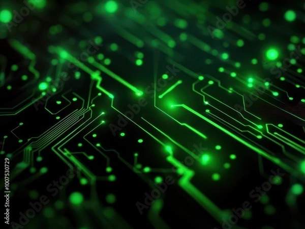 Fototapeta Abstract green circuit board design with glowing lights, showcasing modern technology and digital innovation.