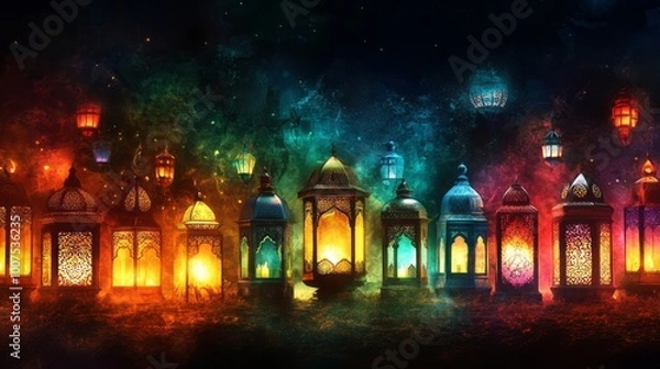 Fototapeta A beautiful and enchanting scene of glowing lanterns set against a backdrop of colorful smoke and stars. Perfect for Ramadan, Eid al-Fitr, or any celebration.