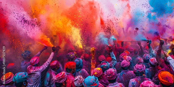 Fototapeta Holi Festival Celebration with Colorful Powder in the Air, Vibrant Crowd Enjoying Holi Festival with Color Explosion