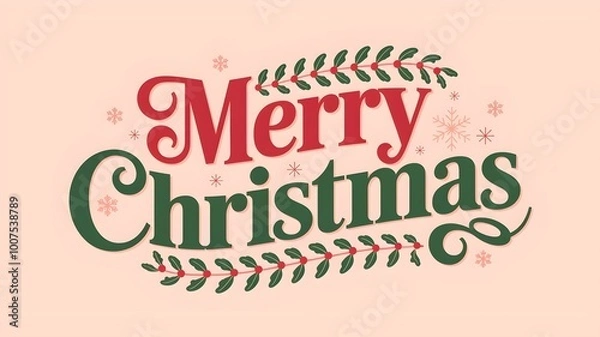 Fototapeta Pastel "Merry Christmas" text with red and green color scheme and snowflakes