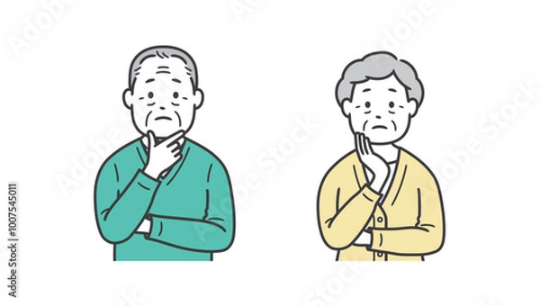 Fototapeta 顔に手を当てて悩む高齢者男女の上半身イラスト