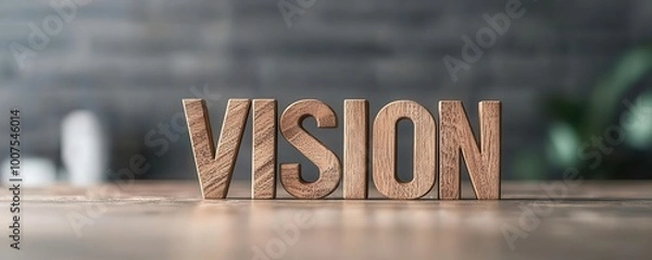 Fototapeta Wooden letters spelling vision on a rustic table with blurred background.