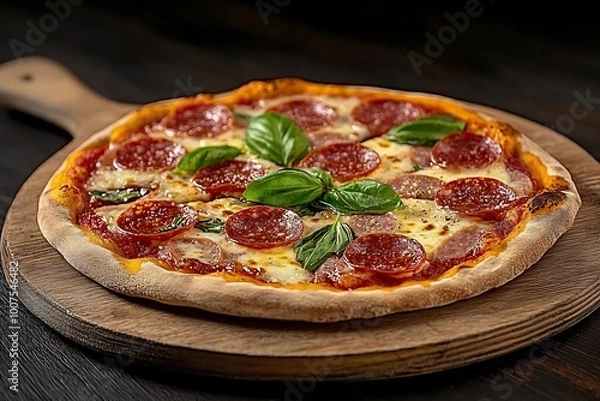 Fototapeta a pizza with salami and basil on top, placed on an oak board against a dark background