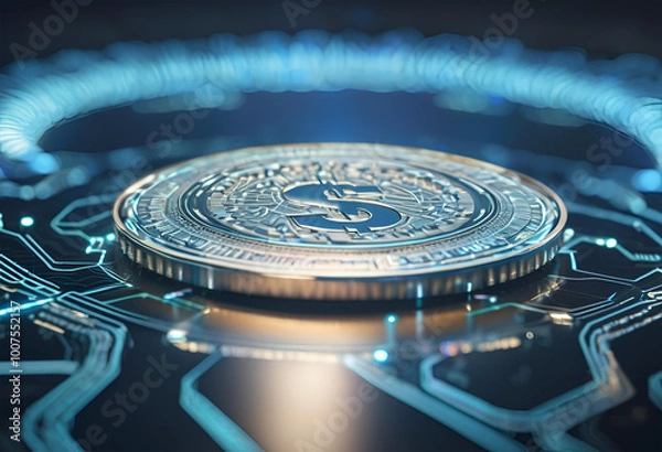 Obraz Moeda de 1 Dólar Digital em um fundo de transação virtual.