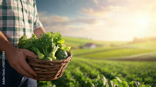 Obraz Fresh vegetables in basket held by farmer in lush green field, showcasing beauty of nature and joy of harvest. warm sunlight enhances vibrant colors of produce