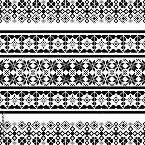 Fototapeta Intricate Black and White Cross-Stitch Pattern with Geometric Motifs