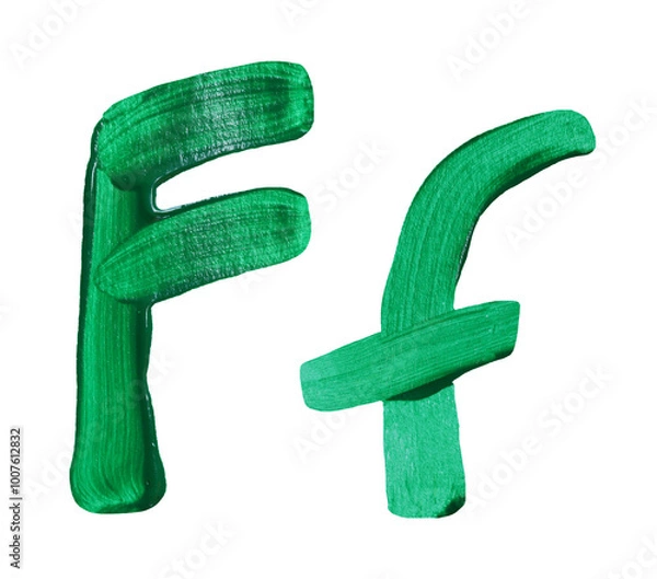 Obraz Artistic representation of the letters F and f painted in vibrant green with transparent image of PNG format extension.