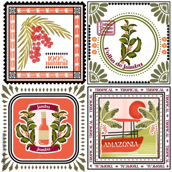 Obraz Jambu Amazônia Brazil tropical palm leaf flower geometric ornament pattern seamless illustration watercolor vector