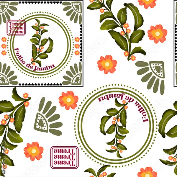 Obraz Jambu Amazônia Brazil tropical palm leaf flower geometric ornament pattern seamless illustration watercolor vector