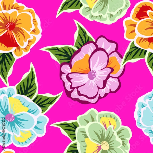 Obraz Flower tropical pink pattern seamless illustration watercolor vector