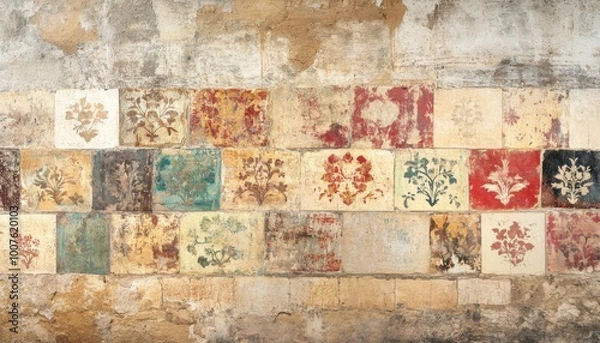 Fototapeta A wall with colorful, patterned tiles.