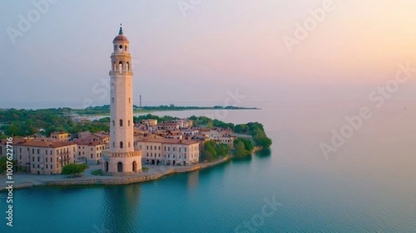 Fototapeta Aerial View of Visby Town with Tall Tower at Sunset