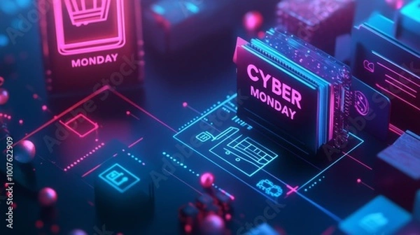 Fototapeta Cyber Monday Sale Announcement with Neon Lights and Geometric Shapes