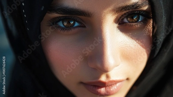 Obraz Close-up of a Woman's Eyes and Lips with a Black Headscarf