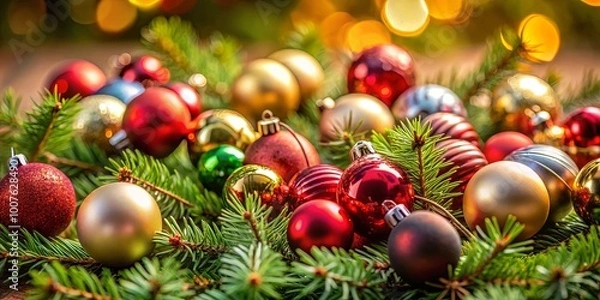 Obraz A festive arrangement of colorful baubles nestled among vibrant green evergreen branches, creating a captivating holiday tableau.