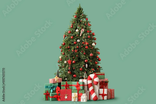 Obraz Beautiful decorated Christmas tree with gift boxes and decorations on green background