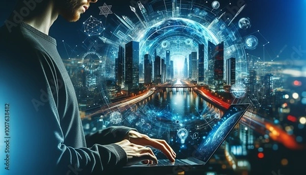 Fototapeta Person using the latest holographic technology at night.