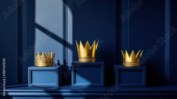 Fototapeta Three golden crowns on podiums in an elegant minimalistic composition on a blue background with sunlight. Happy Three King's Day. Concept for Epiphany day or Dia de Reyes Magos day , Three Wise Men.