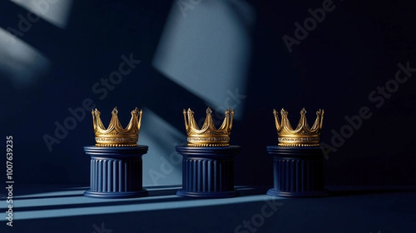 Fototapeta Three golden crowns on podiums in an elegant minimalistic composition on a blue background with sunlight. Happy Three King's Day. Concept for Epiphany day or Dia de Reyes Magos day , Three Wise Men.