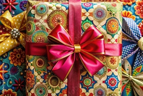 Obraz Elegant Gift Wrap Backdrop for Celebrations, Events and Holiday Decor with Colorful Patterns and Textures