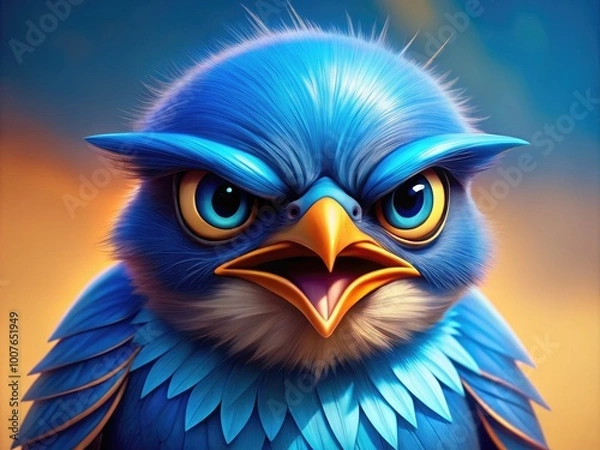 Obraz Fierce Blue Bird with an Intense Expression Against a Bright Background in a Playful Cartoon Style