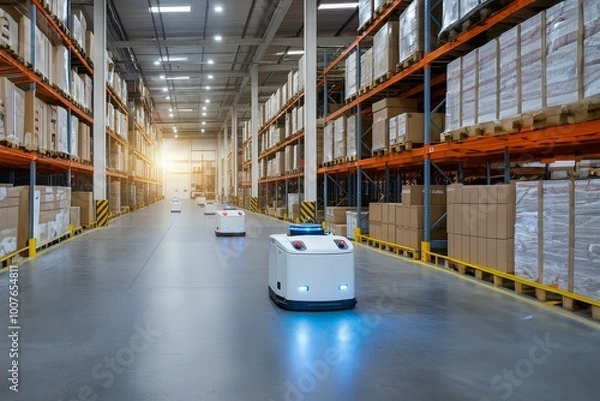 Fototapeta ロボットの自律搬送。スマート物流倉庫。AGVとロボットアーム｜Autonomous Robot transportation in warehouse.Automation with AGV and robotic arm in smart distribution warehouse.Technology innovation and industry concept.