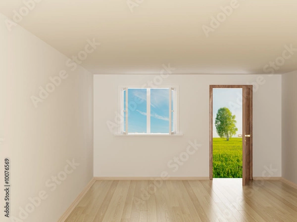 Fototapeta Empty room. Landscape behind the open door. 3D image