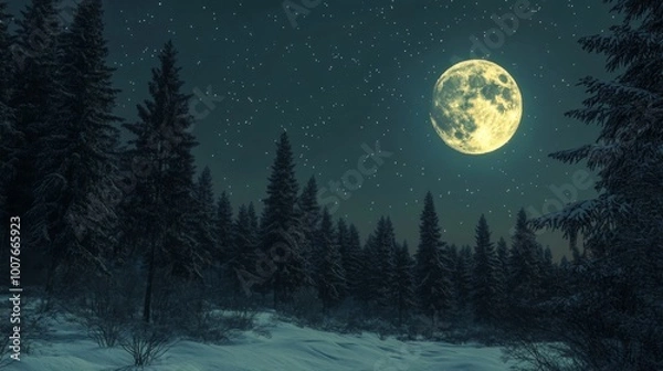 Fototapeta Full Moon Illuminating a Snowy Forest at Night