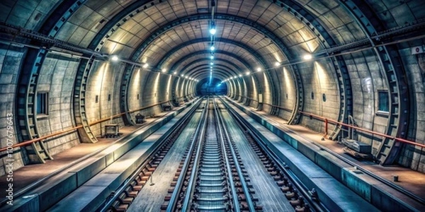 Fototapeta Modern underground tunnel in a subway station with illuminated walls and perspective view of tracks