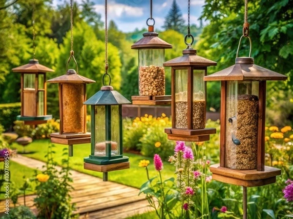 Fototapeta Rustic wooden hanging bird feeders in a serene garden setting attracting various colorful birds
