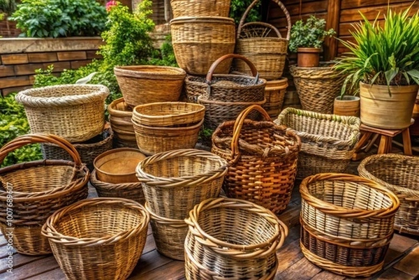 Fototapeta Rustic Woven Wicker Baskets for Storage, Decoration, and Organizing in Home and Garden Settings