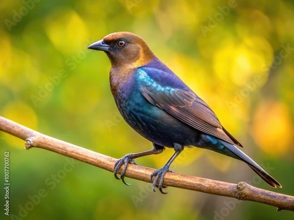 Obraz Striking Cowbird Perched on a Branch Against a Beautiful Natural Background in Soft Light