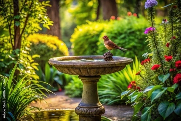 Fototapeta Tranquil Small Bird Bath Surrounded by Lush Greenery in a Charming Garden Setting