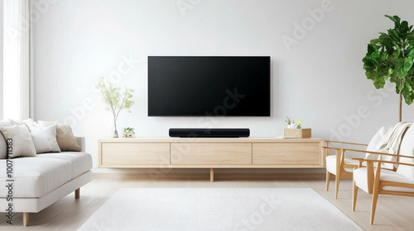 Obraz minimalist living room featuring sleek design with focus on functionality. space includes comfortable sofa, stylish TV unit, and vibrant indoor plant, creating serene atmosphere