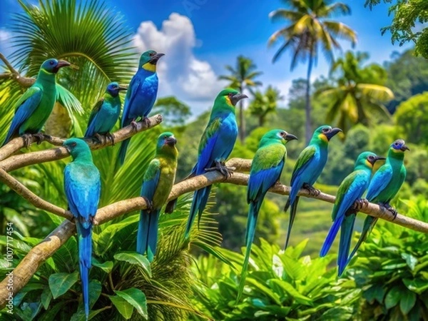 Fototapeta Vibrant Blue and Green Birds Perched on Branches in a Lush Tropical Environment with Clear Sky