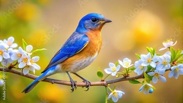 Obraz Vibrant Bluebird Perched on a Branch Against a Soft Focused Natural Background in Springtime