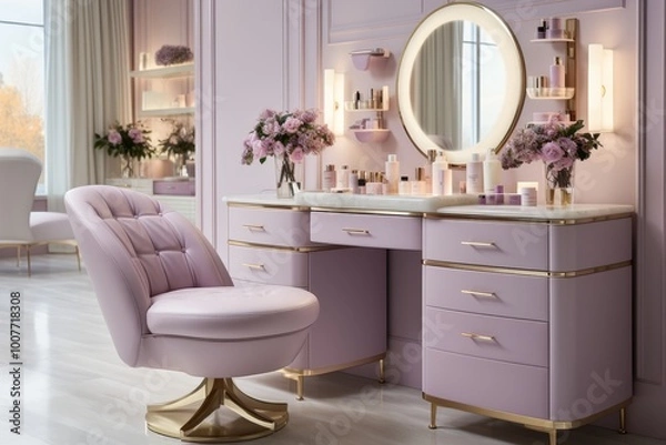 Fototapeta Luxurious cosmetics salon  elegant vanity table with makeup tools, refreshing sprays, and candles