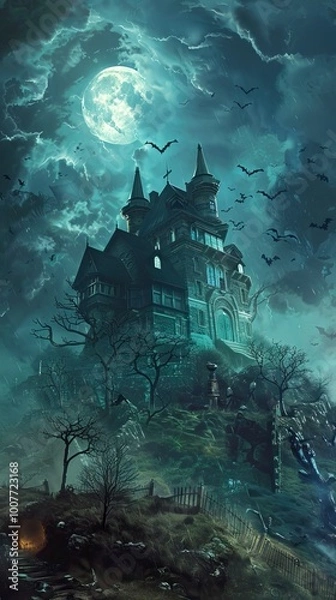 Fototapeta Helloween poster background of a haunted house on a hill under, Halloween elements, Happy Halloween