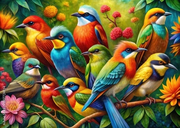 Fototapeta Vibrant Paint Birds in Various Colors Captured on Canvas for Artistic and Creative Inspiration