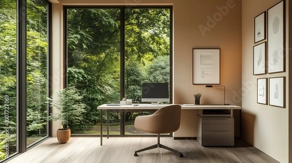 Fototapeta A modern home office featuring a desk, ergonomic chair, potted plant, and large windows displaying lush greenery outside.