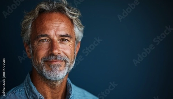 Fototapeta Smiling Middle-Aged Man in Casual Attire Against Navy Blue Background