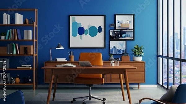 Fototapeta Modern office interior featuring blue walls, wooden furniture, art, and a view. Cozy and inviting workspace with plants and decorative items.