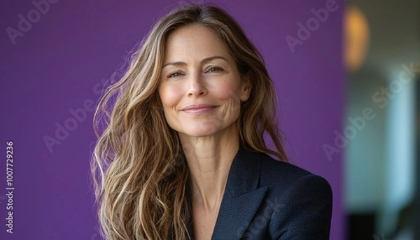 Fototapeta Confident Middle-Aged Businesswoman Smiling in Lavender Background - Medium Shot