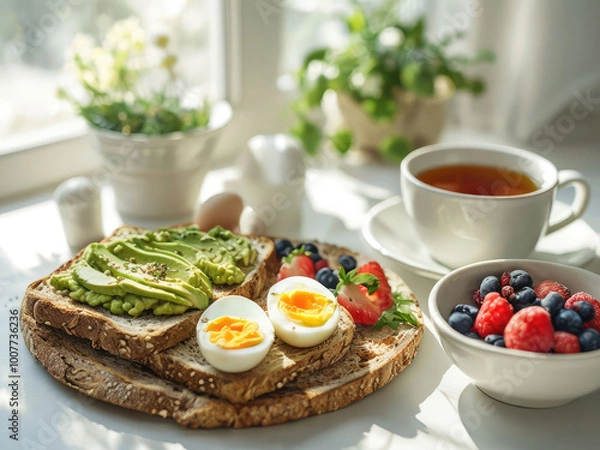 Fototapeta a cozy and inviting image of a healthy breakfast spread featuring whole grain toast with avo