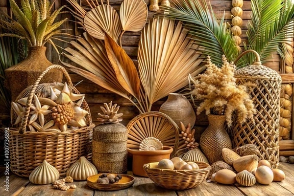 Fototapeta A beautifully arranged still life of dried palm fronds, ornate shells, and woven rattan baskets, evoking a serene