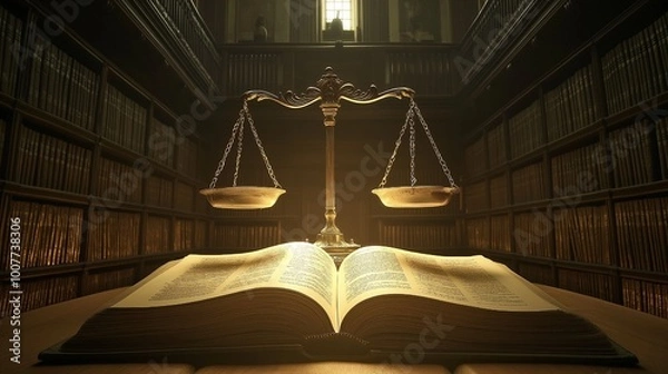 Fototapeta An illuminated justice scale in a library with an open law book, signifying legal expertise and knowledge