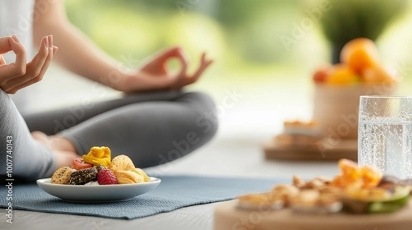 Obraz A meditative yoga session surrounded by healthy snacks, symbolizing the harmony of fitness, nutrition, and mindfulness