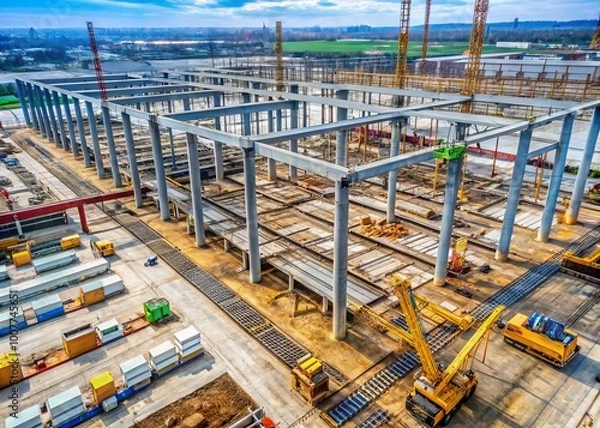 Fototapeta Aerial view of a sprawling industrial construction site with cranes, excavators, and workers amidst a maze of steel