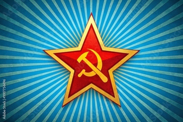 Fototapeta A retro-styled propaganda poster featuring a bold red star, hammer, and sickle emblem, set against a bright blue